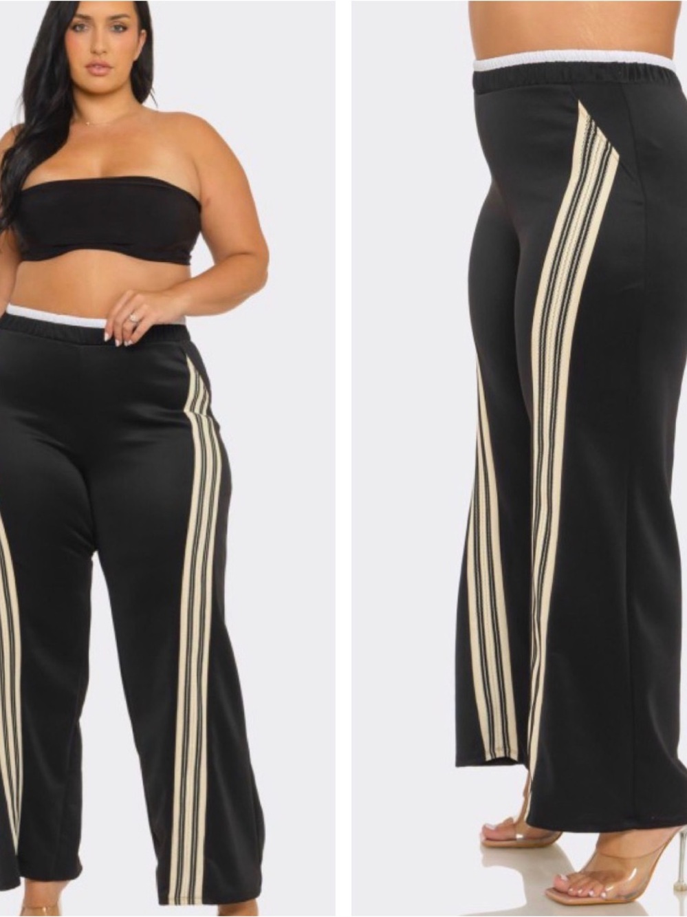 love J Plus Size Black Wide-Leg Track Pants with Cream Side Stripes